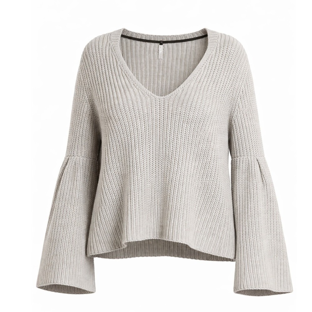 Free People Damsel Sweater Women XL Grey Cotton‎ V-Neck Bell Sleeve Ribbed Knit